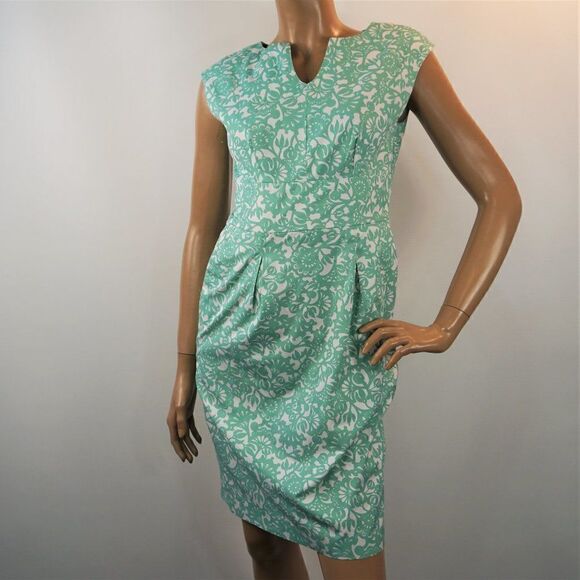 Merona Floral Paisley Dress Empire Waist Side Zip Pullover Sz 2 Aqua Green White - Picture 2 of 9